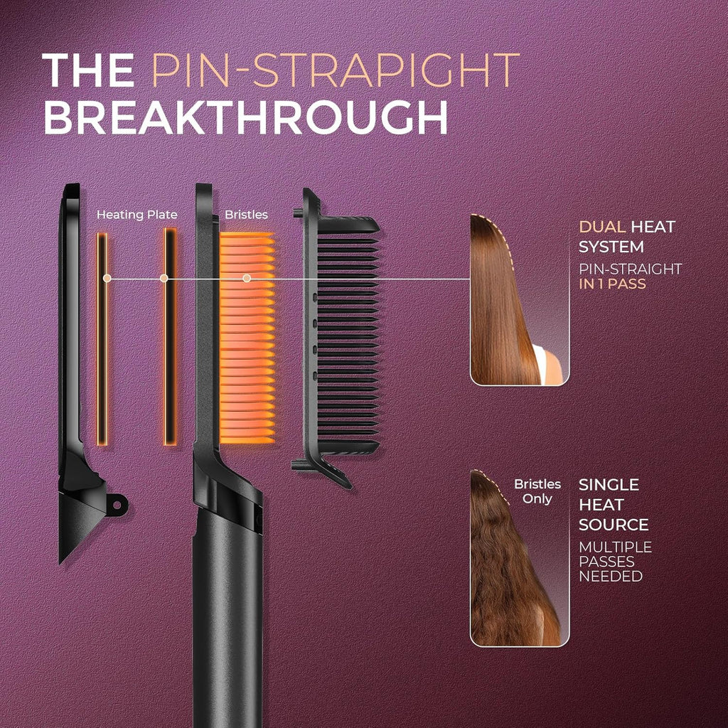 TYMO Flat Iron Hair Straightener Brush 2 in 1, 200M Ions Hair Straighteners for Women, Ceramic Straightening Hot Comb for Anti-Frizz Straights, Waves, Curl, 3X Less Heat Damage, Dual Voltage, Black