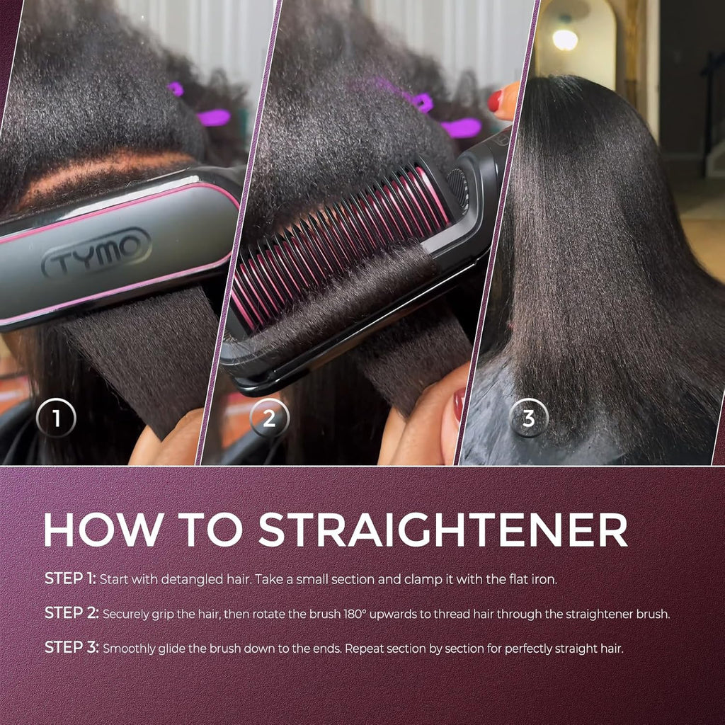TYMO Flat Iron Hair Straightener Brush 2 in 1, 200M Ions Hair Straighteners for Women, Ceramic Straightening Hot Comb for Anti-Frizz Straights, Waves, Curl, 3X Less Heat Damage, Dual Voltage, Black